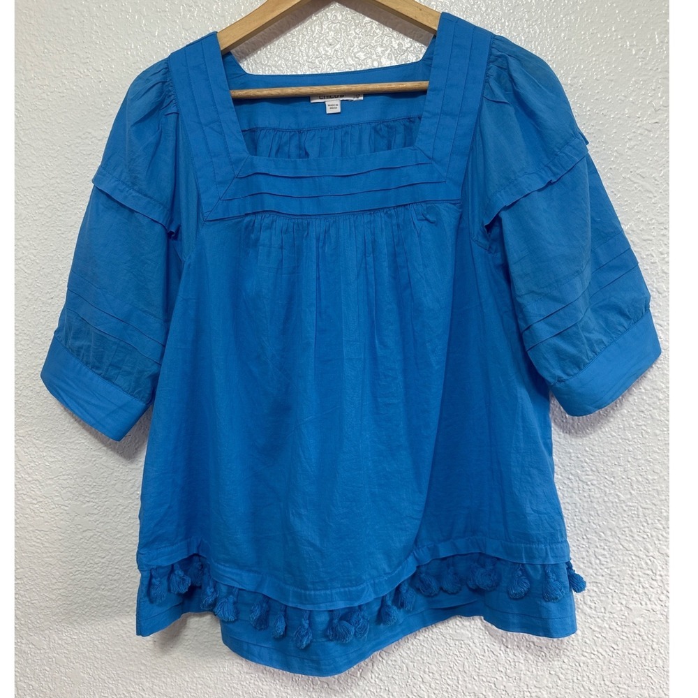 Chicos Blue Cotton Pintuck Tassel Hem Boho Blouse Square Neck Size 2 US 12